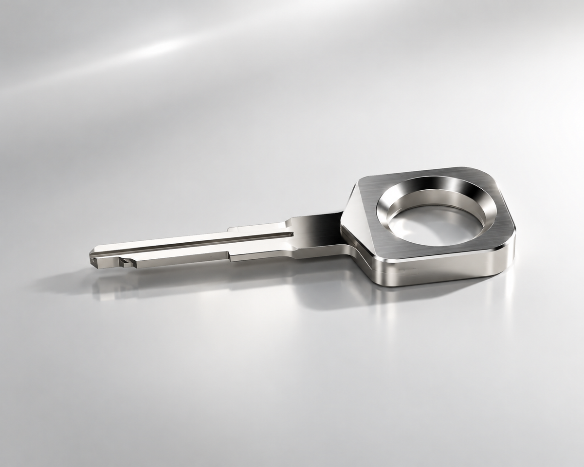 A metallic silver key with a distinctive octagonal head and a long, slender blade, shown on a reflective light gray surface.